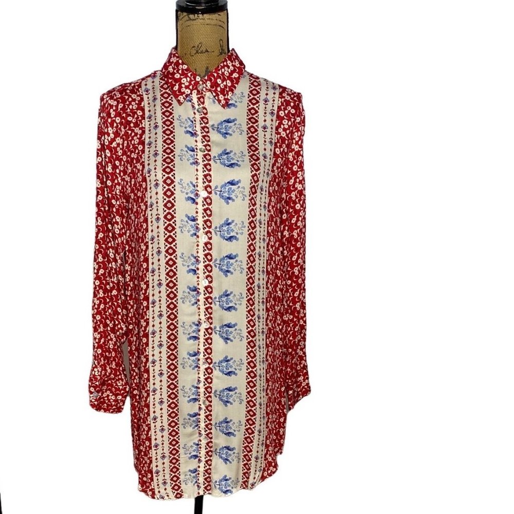 Oliviaceous S Unique Shirt Dress Retro Look Red Off White FLoral Long Sl Stripe